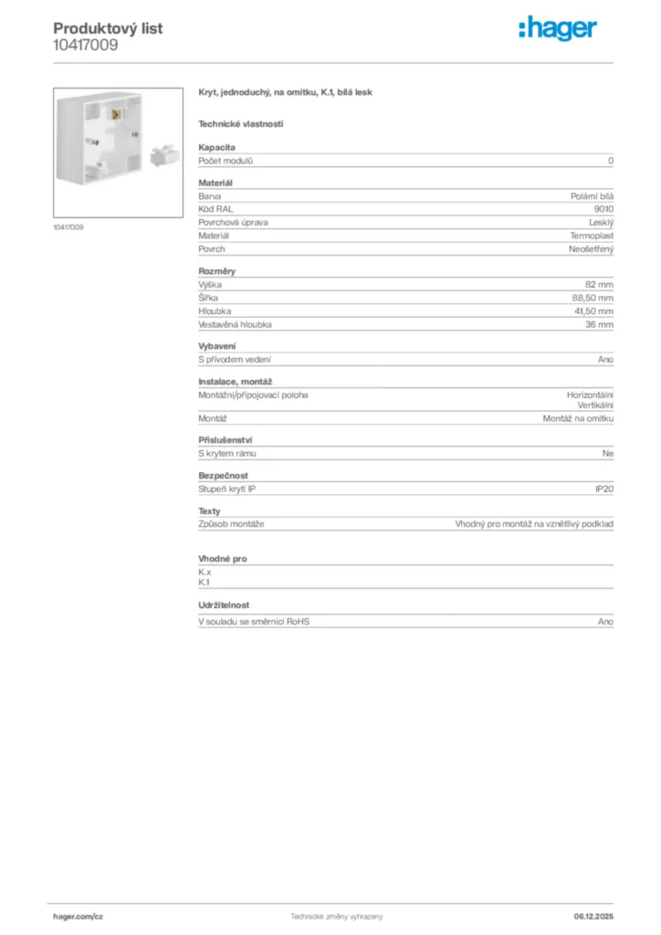 Obrázek Hager Product data sheet 10417009 | Hager
