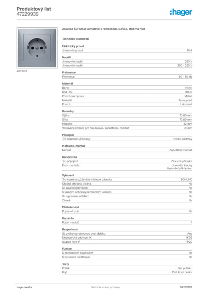 Obrázek Hager Produktový list 47229939 | Hager