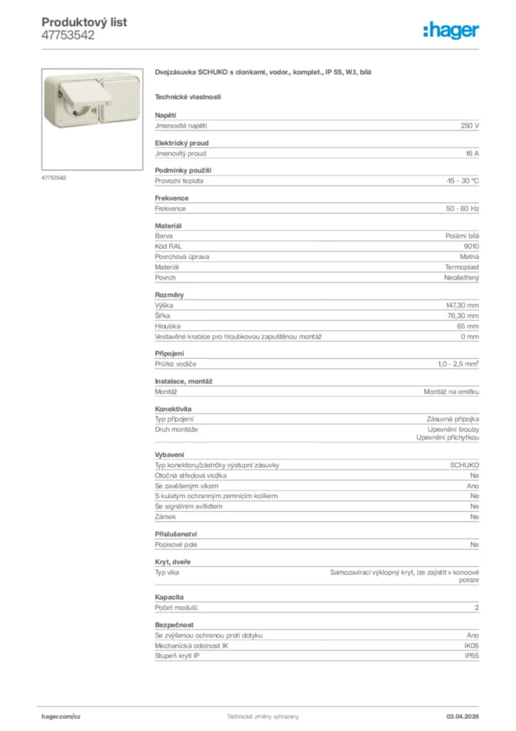 Obrázek Hager Product data sheet 47753542 | Hager