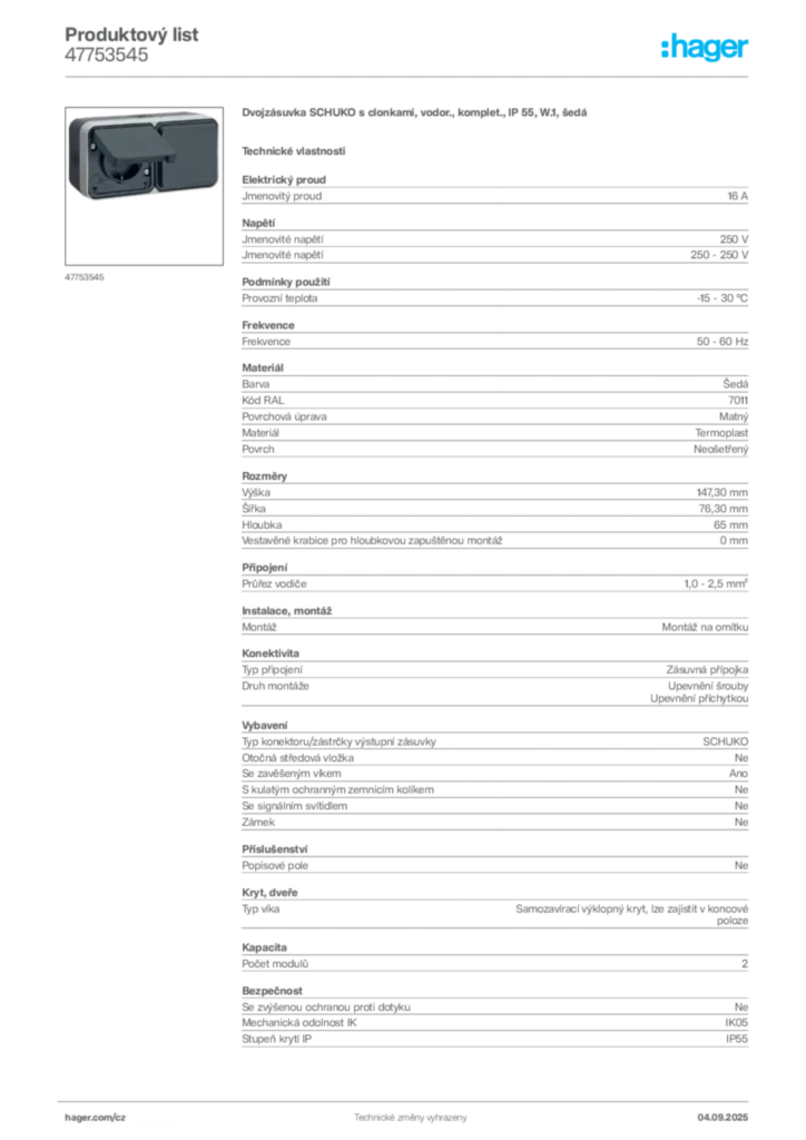 Obrázek Hager Produktový list 47753545 | Hager