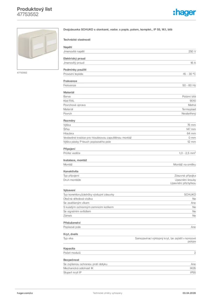 Obrázek Hager Product data sheet 47753552 | Hager