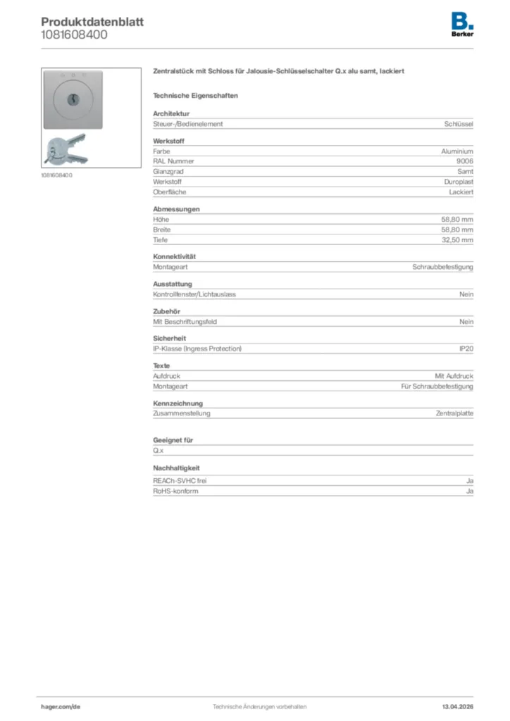 Bild Berker Produktdatenblatt 1081608400 | Hager Deutschland