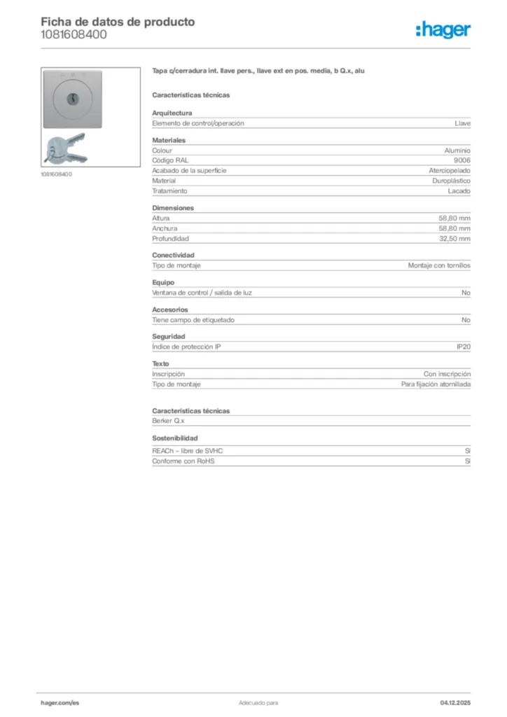 Imagen Hager Ficha de datos de producto 1081608400 | Hager España