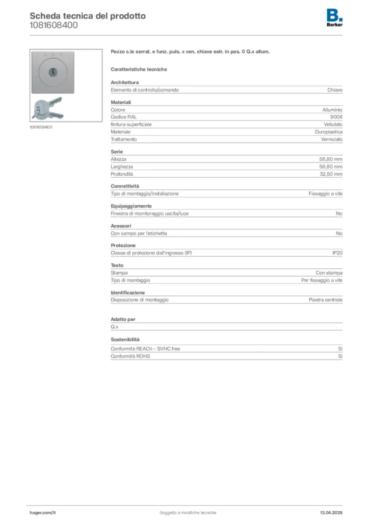 Immagine Berker Scheda tecnica del prodotto 1081608400 | Hager Italia