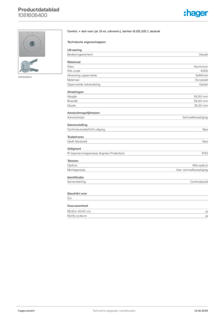 Afbeelding Hager Productdatablad 1081608400 | Hager Nederland