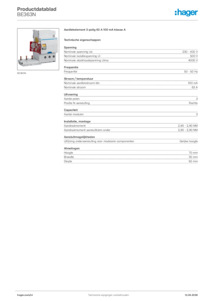Afbeelding Hager Productdatablad BE363N | Hager Nederland