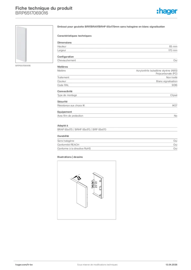 Image Hager Fiche technique du produit BRP6517069016 | Hager Belgique