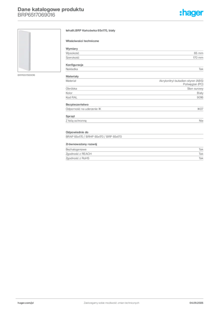 Zdjęcie Hager Dane katalogowe produktu BRP6517069016 | Hager Polska