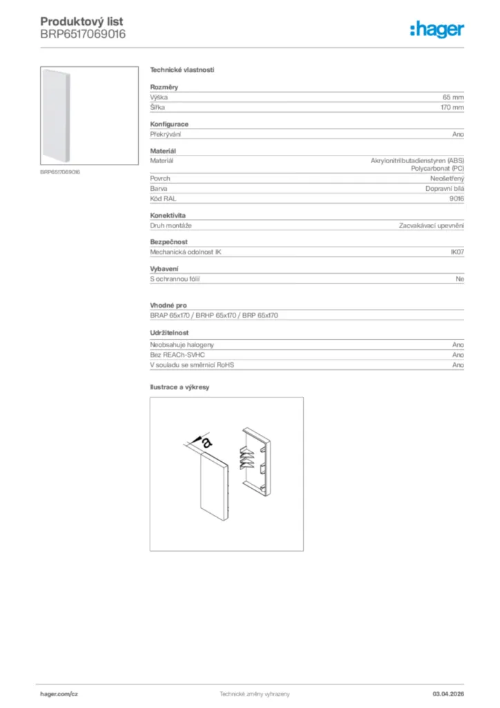 Obrázek Hager Product data sheet BRP6517069016 | Hager