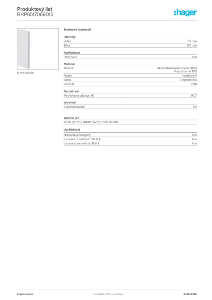 Obrázek Hager Produktový list BRP6517069016 | Hager