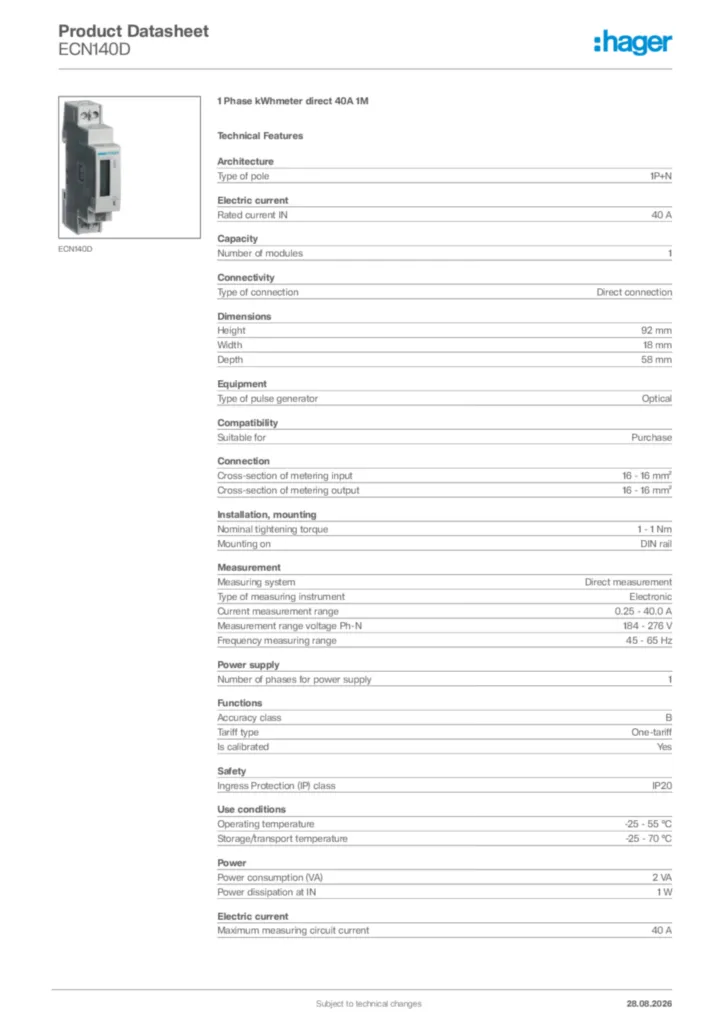 Image Hager Product data sheet ECN140D  | Hager Africa