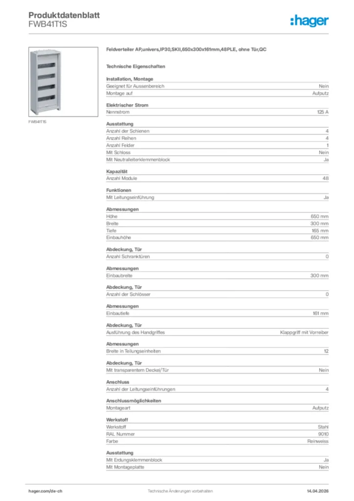 Bild Hager Produktdatenblatt FWB41T1S | Hager Schweiz