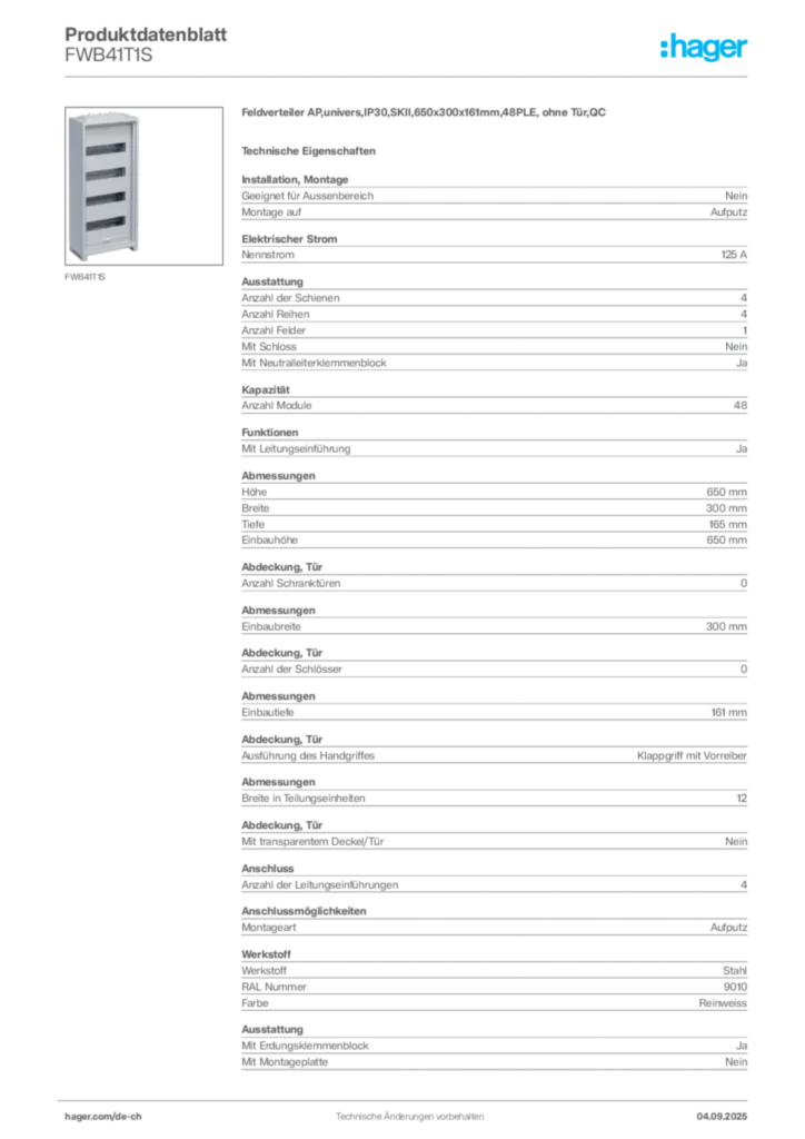 Bild Hager Produktdatenblatt FWB41T1S | Hager Schweiz