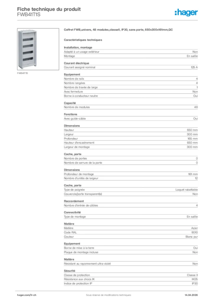 Image Hager Fiche technique du produit FWB41T1S | Hager Suisse