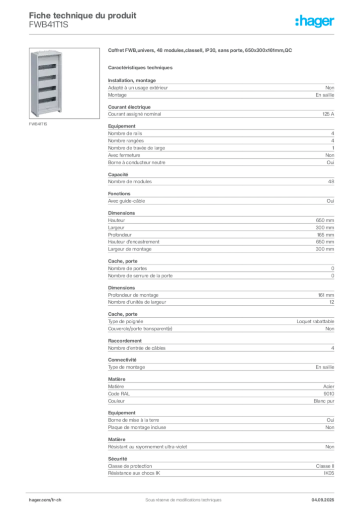 Image Hager Fiche technique du produit FWB41T1S | Hager Suisse