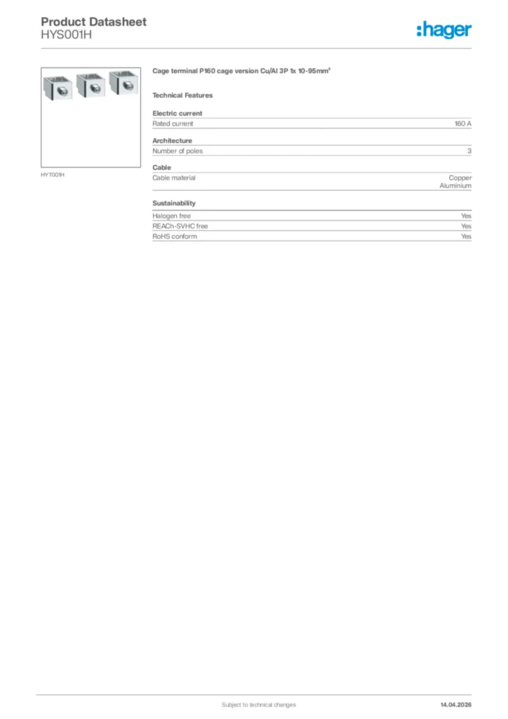 Image Hager Product data sheet HYS001H  | Hager Africa