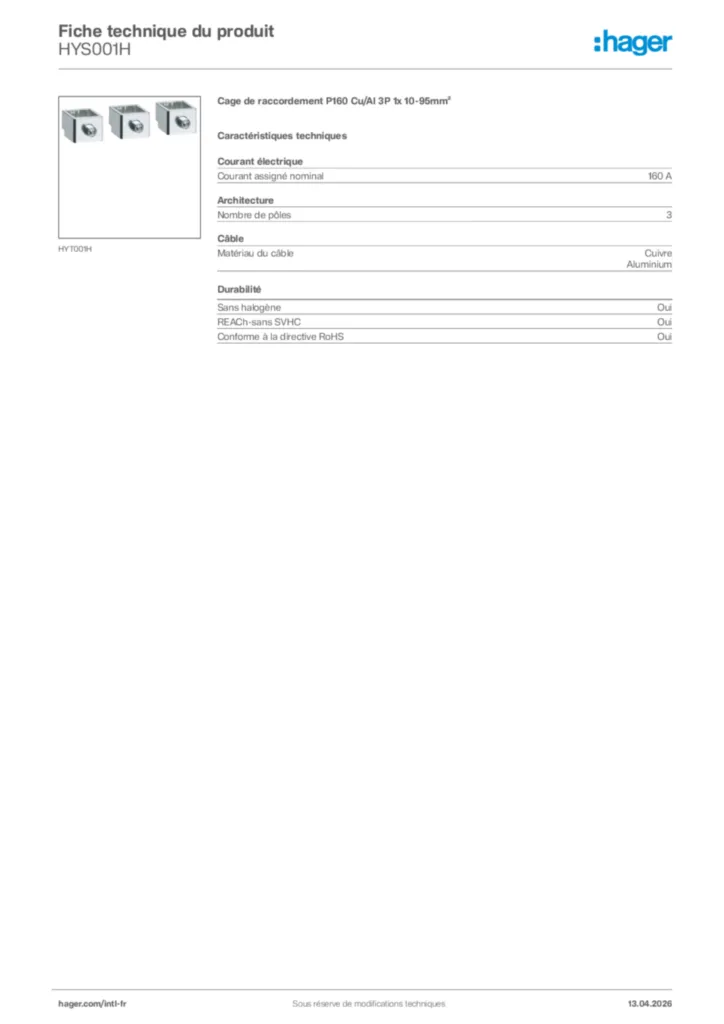 Image Hager Fiche technique du produit HYS001H | Hager Afrique