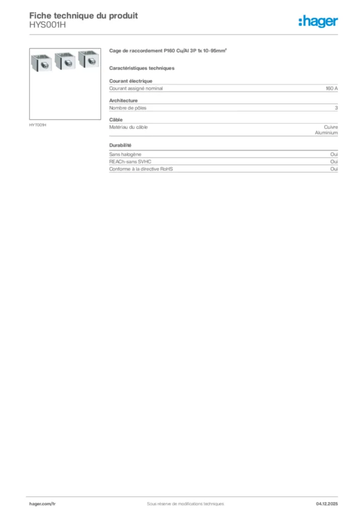 Image Hager Fiche technique du produit HYS001H | Hager France