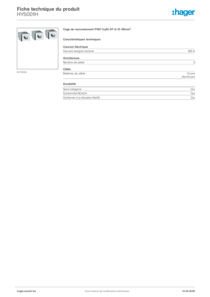 Image Hager Fiche technique du produit HYS001H | Hager Belgique