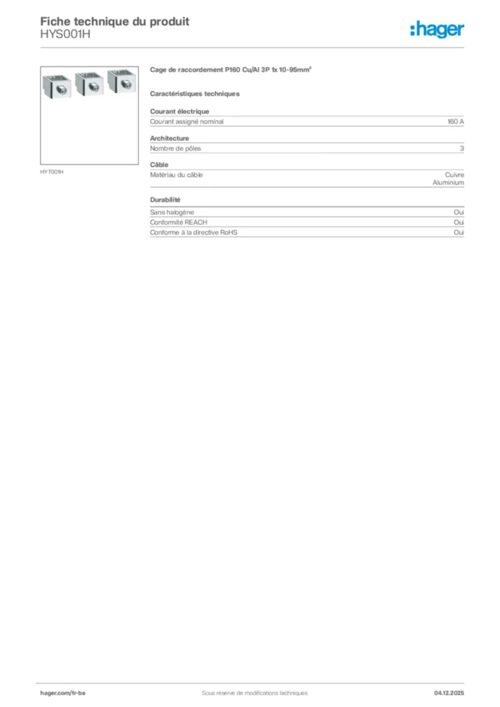 Image Hager Fiche technique du produit HYS001H | Hager Belgique