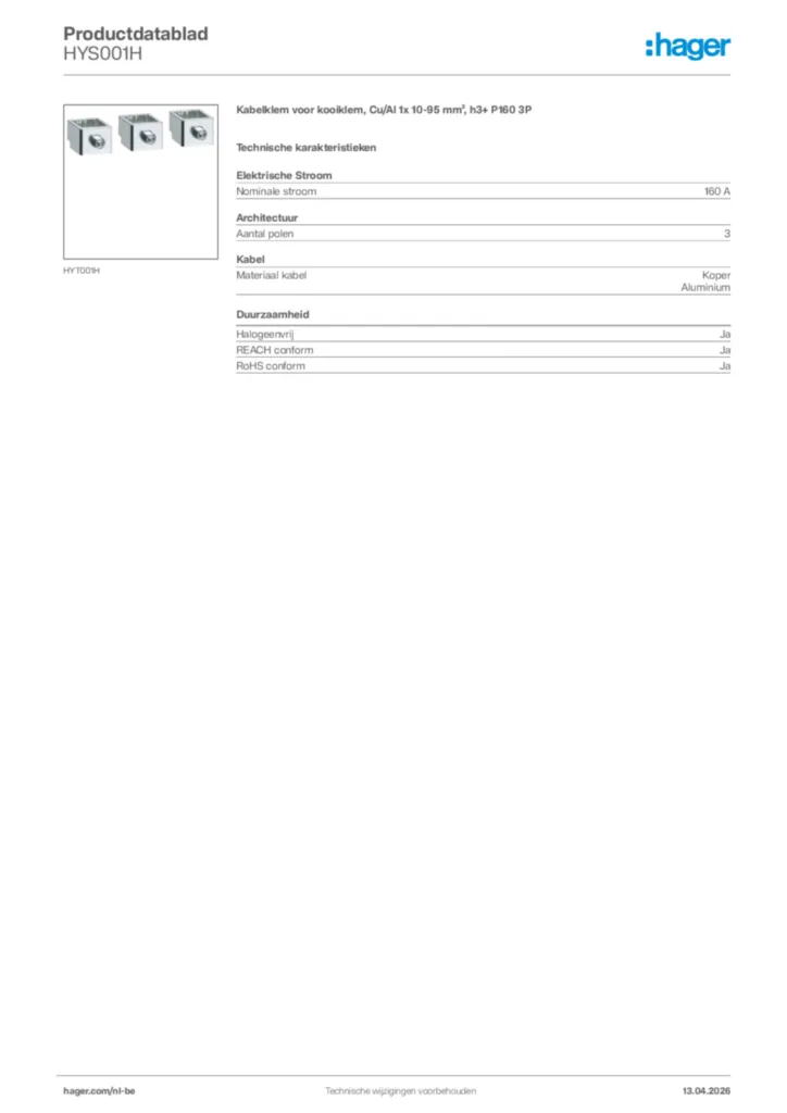 Afbeelding Hager Productdatablad HYS001H | Hager Belgium