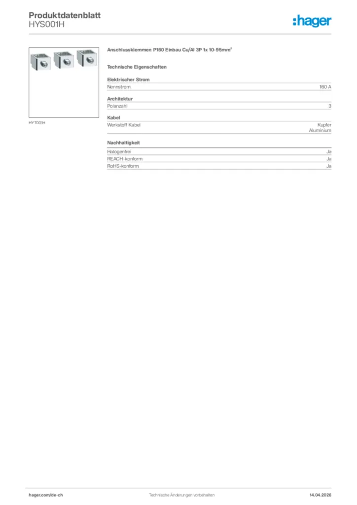 Bild Hager Produktdatenblatt HYS001H | Hager Schweiz