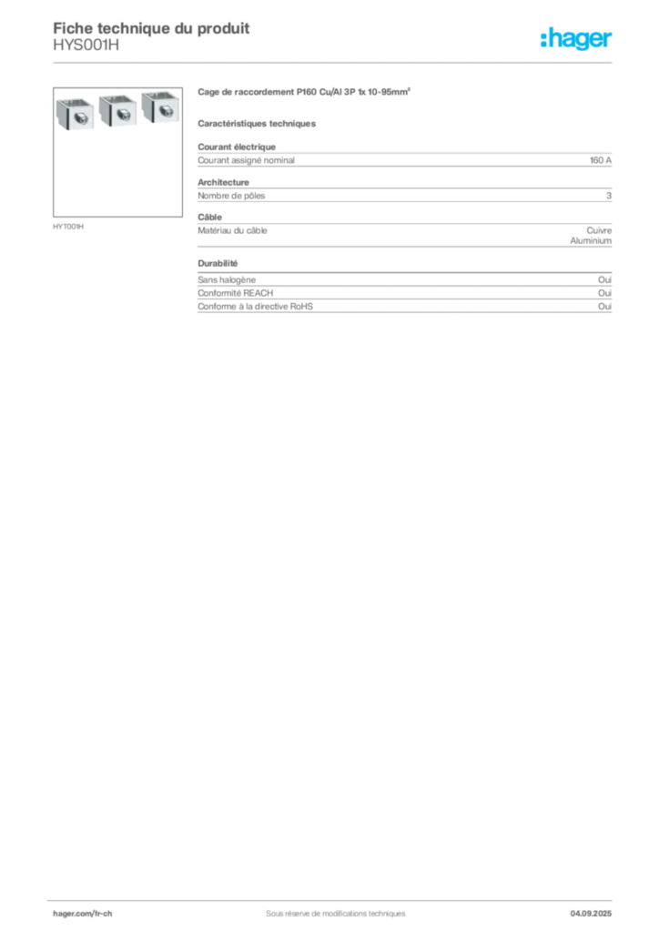Image Hager Fiche technique du produit HYS001H | Hager Suisse