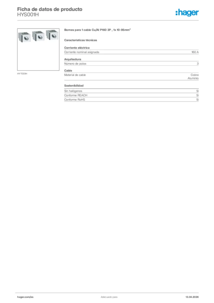 Imagen Hager Ficha de datos de producto HYS001H | Hager España