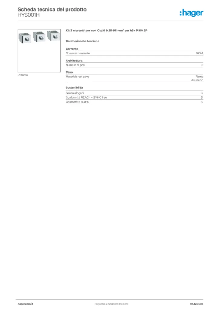 Immagine Hager Scheda tecnica del prodotto HYS001H | Hager Italia