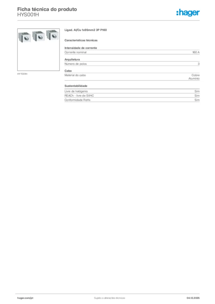 Imagem Hager Ficha técnica do produto HYS001H | Hager Portugal