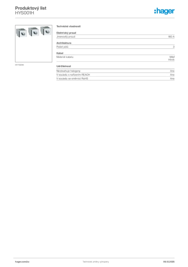 Obrázek Hager Product data sheet HYS001H | Hager