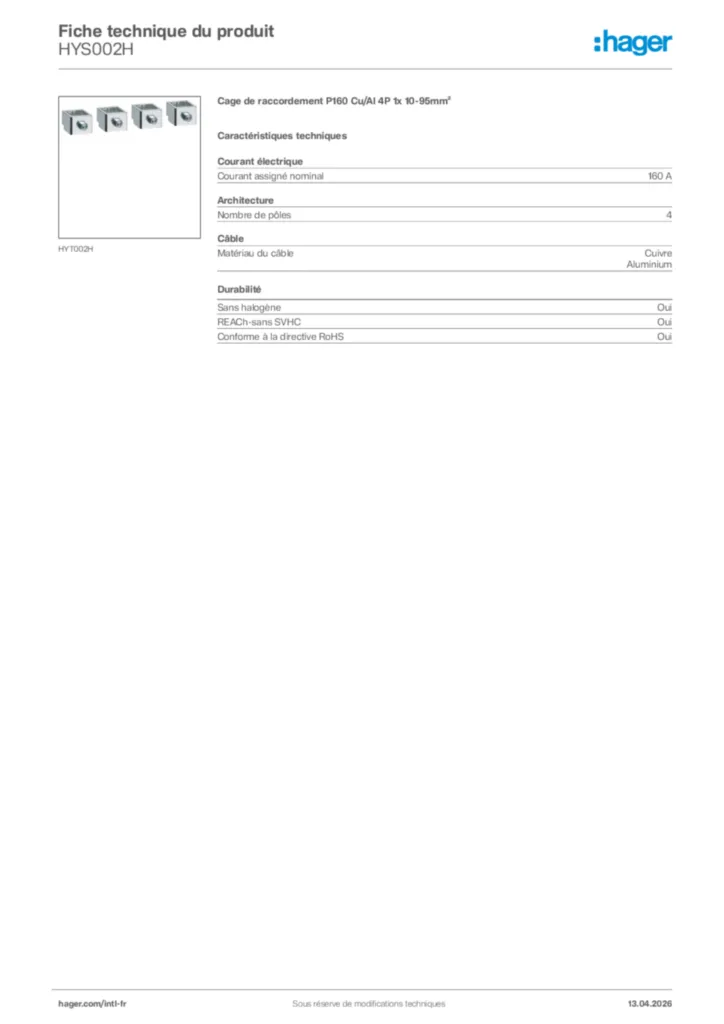 Image Hager Fiche technique du produit HYS002H | Hager Afrique