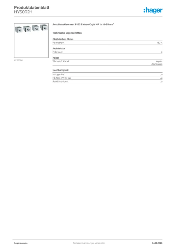 Hager Produktdatenblatt HYS002H