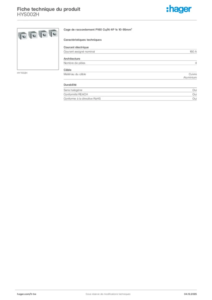 Image Hager Fiche technique du produit HYS002H | Hager Belgique