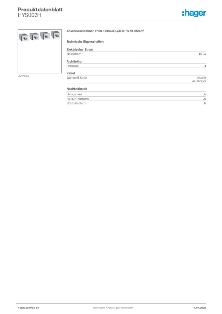Bild Hager Produktdatenblatt HYS002H | Hager Schweiz