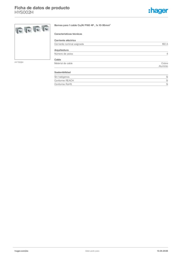 Imagen Hager Ficha de datos de producto HYS002H | Hager España