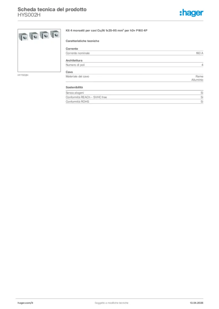 Immagine Hager Scheda tecnica del prodotto HYS002H | Hager Italia
