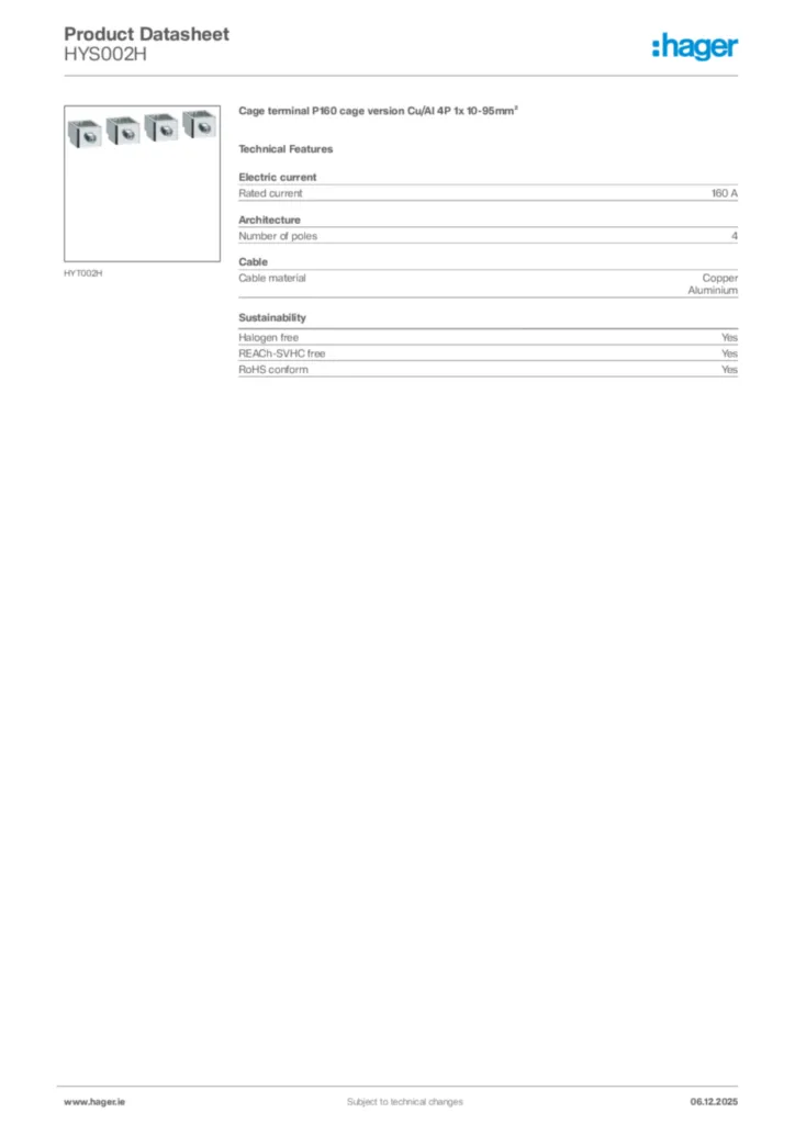 Image Hager Product data sheet HYS002H  | Hager