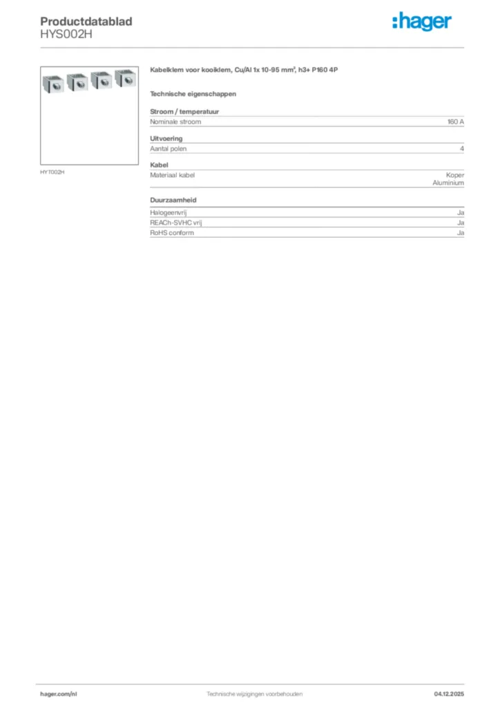 Afbeelding Hager Productdatablad HYS002H | Hager Nederland