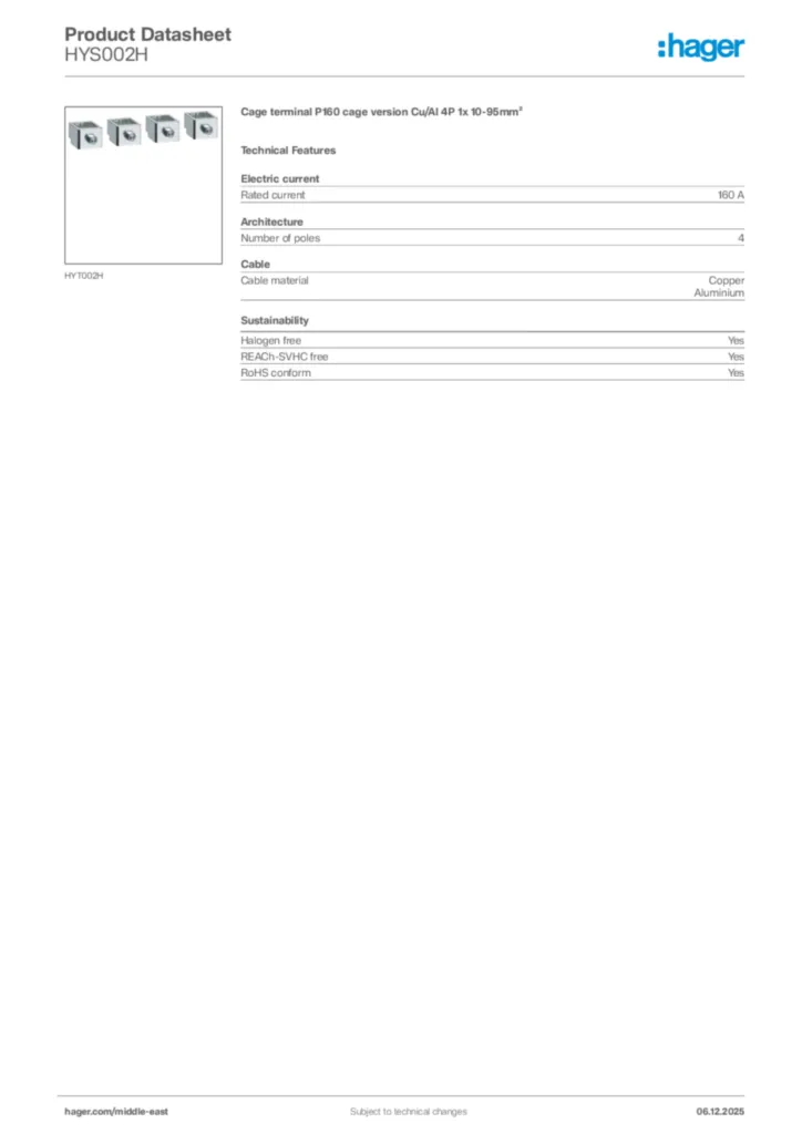 Image Hager Product data sheet HYS002H  | Hager