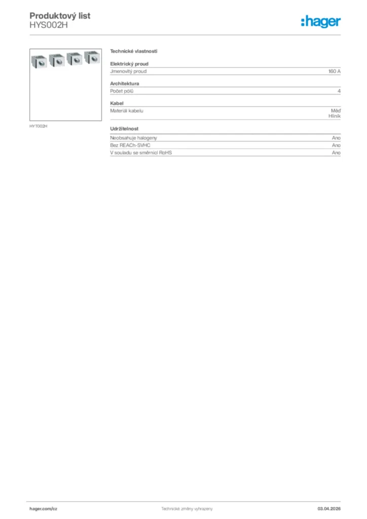 Obrázek Hager Product data sheet HYS002H | Hager