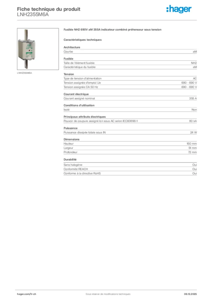 Image Hager Fiche technique du produit LNH2355M6A | Hager Suisse
