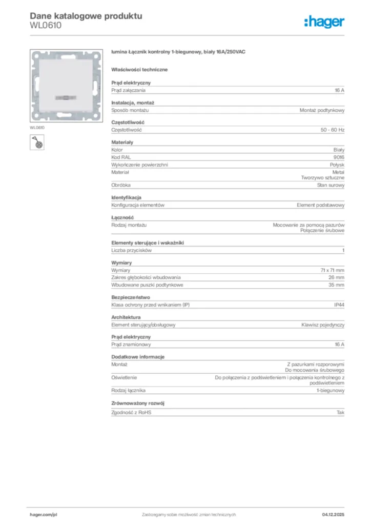 Zdjęcie Hager Karta katalogowa WL0610 | Hager Polska