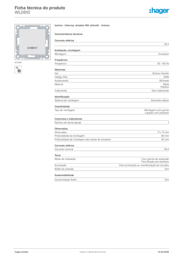 Imagem Hager Ficha técnica do produto WL0610 | Hager Portugal