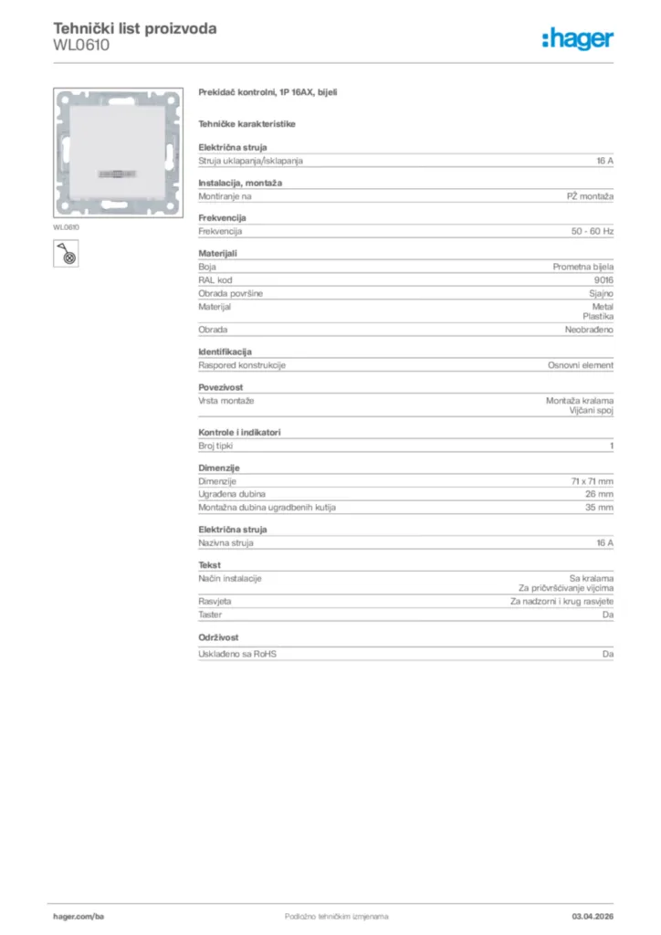 Slika Hager Tehnički list proizvoda WL0610  | Hager