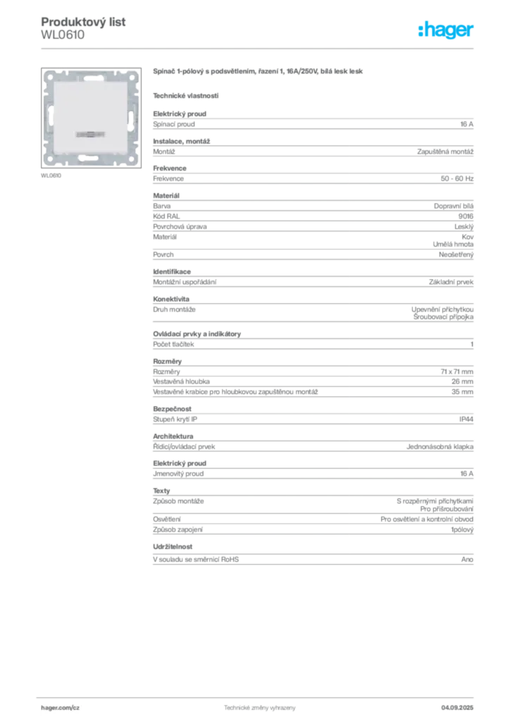 Obrázek Hager Produktový list WL0610 | Hager