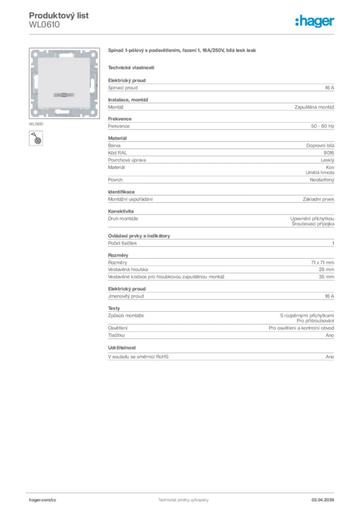 Obrázek Hager Product data sheet WL0610 | Hager