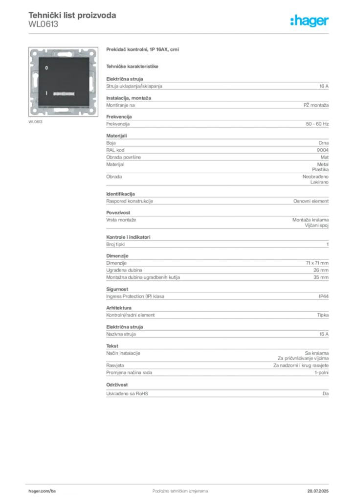 Slika Hager Product data sheet WL0613  | Hager
