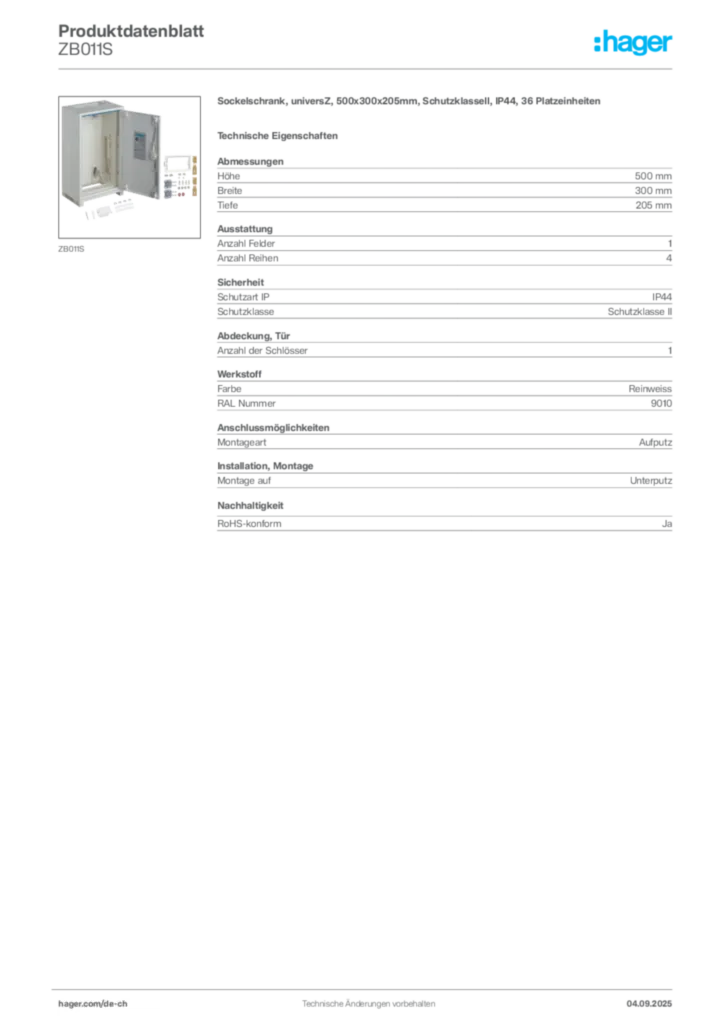 Bild Hager Produktdatenblatt ZB011S | Hager Schweiz