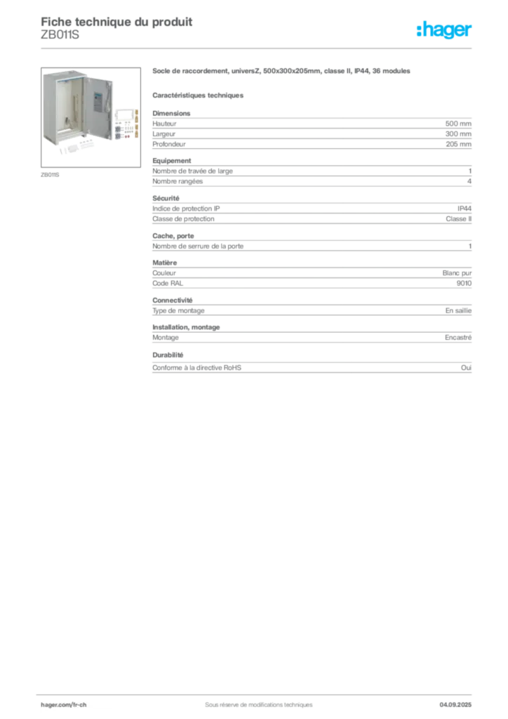 Image Hager Fiche technique du produit ZB011S | Hager Suisse